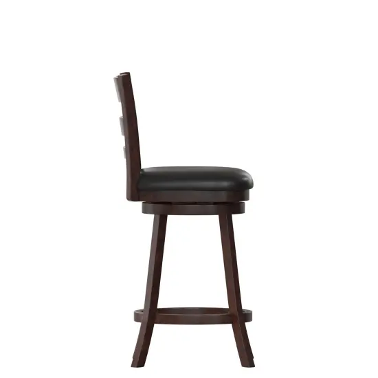Merrick Lane Silla 24" Classic Wooden Ladderback Swivel Counter Height Stool with Upholstered Padded Seat and Integrated Footrest Espresso/Black {5}
