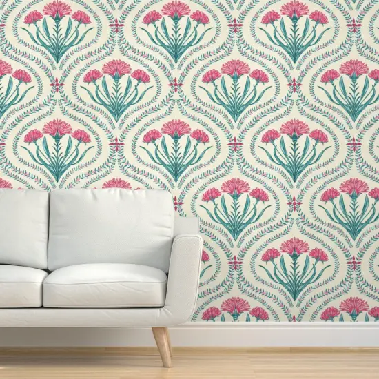 Peel & Stick Wallpaper 2FT Wide Floral Ogee Indian Chintz Green Pink Xl Large Scale Damask Vibrant Classic Custom Removable Wallpaper by Spoonflower {5}