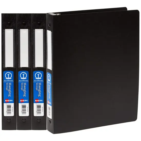 Avery 1" Hanging Storage Flexible 3 Ring Binders, Round Rings, 175-Sheet Capacity, Black, 4 Pack (17708) {1}