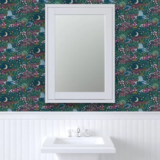 Pre-Pasted Wallpaper 2FT Wide Green Garden Nigh Moon Meadow Fireflies Magical Waterfall Dreamy Landscape Hand Painted Whimsical Nightlife Floral Botanical Small Scale Custom Pre-pasted Wallpaper by Spoonflower {6}
