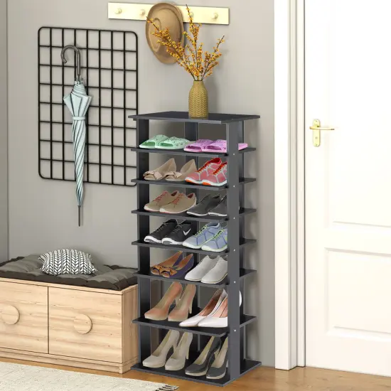 7-Tier Dual 14 Pair Shoe Rack Free Standing Concise Shelves Storage Black {2}