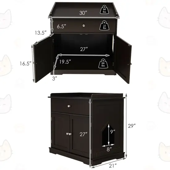 Wooden Cat Litter Box Enclosure with Drawer Side Table Furniture Brown {5}