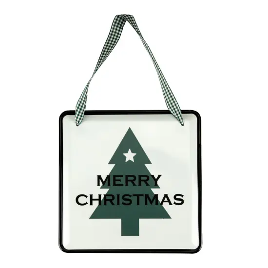 Northlight 8" Merry Christmas Metal Wall Sign with Green Check Ribbon {1}