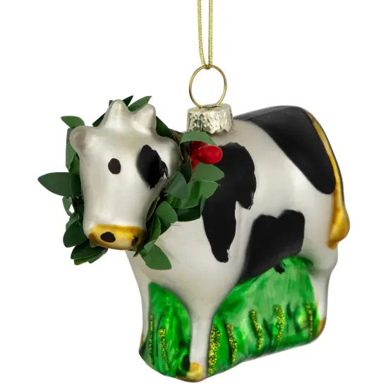 Northlight 3" Cow with Wreath Christmas Glass Hanging Ornament White {1}