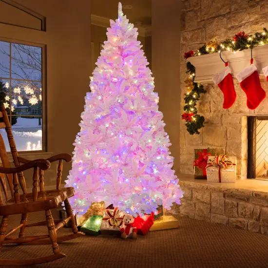 Costway 7 FT Flocked Artificial Christmas Tree Hinged with 500 LED Lights 1200 Branch Tips {2}