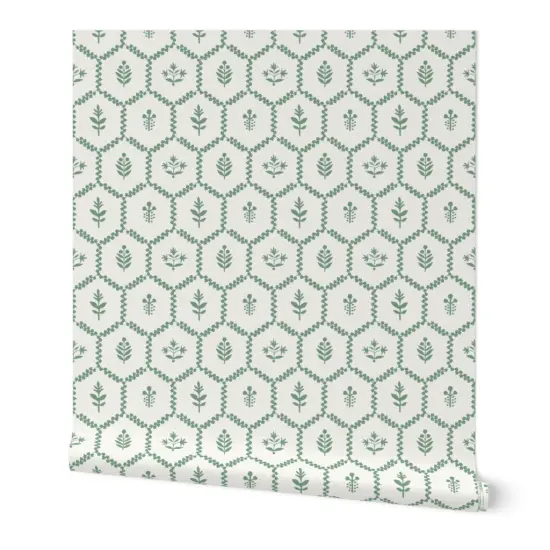 Peel & Stick Wallpaper 2FT Wide Farmhouse Chic Cottagecore Green Botanical Clover Leaves Vine Thistle Hexagons Custom Removable Wallpaper by Spoonflower {7}