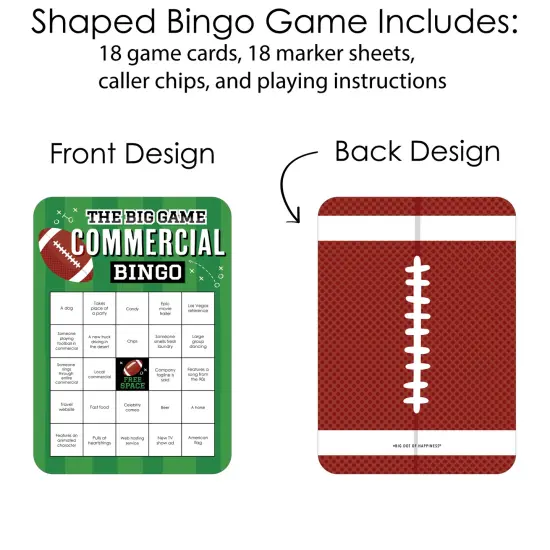 Big Dot of Happiness The Big Game - Commercial Bingo Cards and Markers - Football Party Shaped Bingo Game - Set of 18 {4}