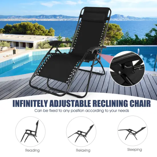 3 Pieces Folding Portable Zero Gravity Reclining Lounge Chairs Table Set Black {2}