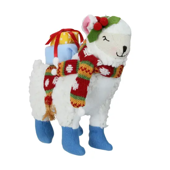 Raz 8.5" White and Blue Plush Llama with Holly Plant Christmas Tabletop Figure {1}