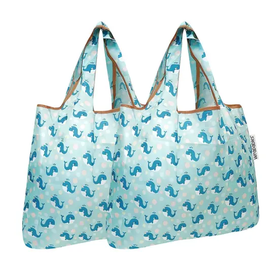 Wrapables Foldable Tote Nylon Reusable Grocery Bag (Set of 2) Blue Whales {1}