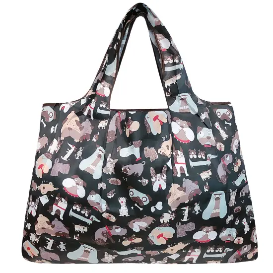 Wrapables Large Foldable Tote Nylon Reusable Grocery Bag Black Dogs {2}