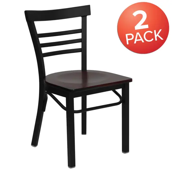 Emma and Oliver 2 Pack Three-Slat Ladder Back Metal Restaurant Chair Mahogany/BlackMetal {5}