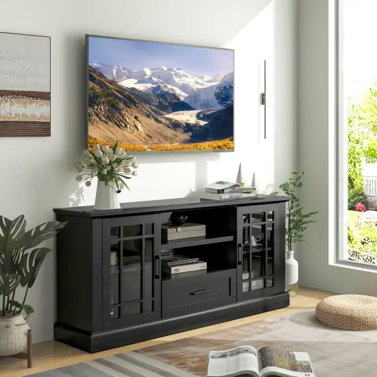 TV Stand for TVs up to 70 with Glass Doors Cubbies and Drawer-Black {2}