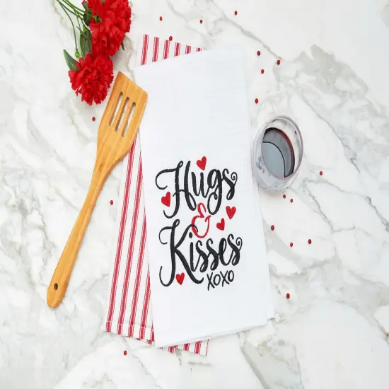Valentine's Day "Hugs & Kisses" XOXO Embroidered Waffle Weave Kitchen Dishtowel {4}