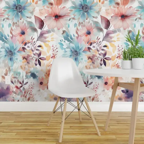 Pre-Pasted Wallpaper 2FT Wide Watercolor Boho Wildflowers Floral Hand Painted Dahlia Modern Flowers Custom Pre-pasted Wallpaper by Spoonflower {1}