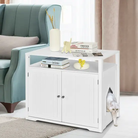 Wooden Cat Litter Box Enclosure Hidden Cat Washroom with Storage Layer White {1}