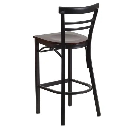 Emma and Oliver 2 Pack Two-Slat Ladder Back Metal Restaurant Barstool Walnut/BlackMetal {3}
