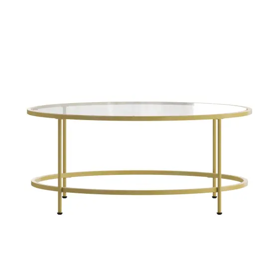 Merrick Lane Newbury Glass Coffee Table with Round Matte Gold Frame and Vertical Legs Clear/Matte Black {6}