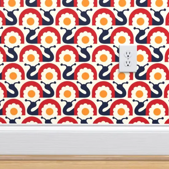 Peel & Stick Wallpaper 2FT Wide Yellow Red Retro Snail Modern Folk Shell Slug Scandinavian Floral Scandi Small Scale Custom Removable Wallpaper by Spoonflower {4}
