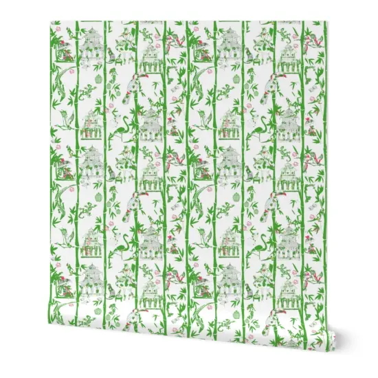 Peel & Stick Wallpaper 2FT Wide Chinoiserie Preppy Exotic Animal Monkey Cheetah Palm Custom Removable Wallpaper by Spoonflower {7}