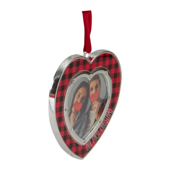 Northlight Buffalo Plaid Heart Shaped Picture Frame Christmas Ornament - 3" - Silver Finish Red {4}