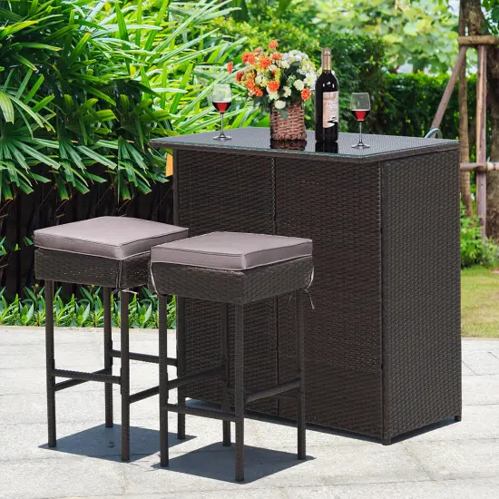 Costway Patio 3PCS Rattan Bar Table Stool Set Cushioned Chairs withCover {4}
