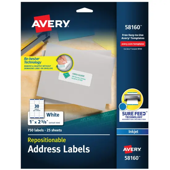 Avery Repositionable Address Labels, Repositionable Adhesive, 1" x 2-5/8", 750 Labels (58160) {1}