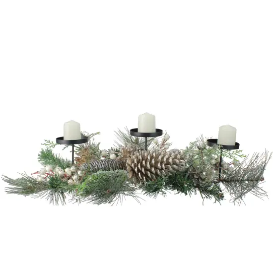 Northlight Frosted Long Needle Pine and Berries Christmas Triple Candle Holder - 24" Gold {1}
