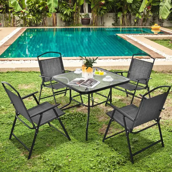 Costway Patio Folding Dining Chairs Set of 4 with Cozy Seat Fabric & Heavy-Duty Metal Frame Grey {5}