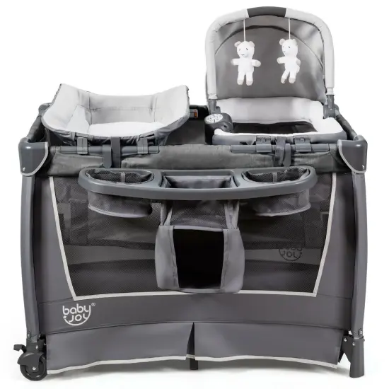 4-in-1 Convertible Portable Baby Play yard with 2 Hanging Toys and Music Box Grey {3}