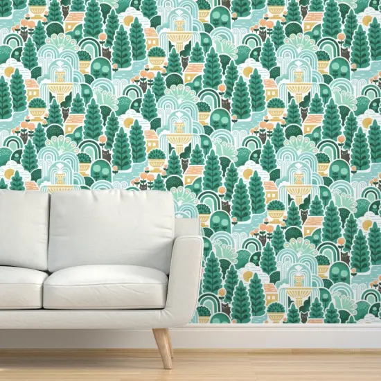 Pre-Pasted Wallpaper 2FT Wide Green Landscape Nature Cats Animals Woods Tree Forest Large Scale Italian Fountain Botanical Custom Pre-pasted Wallpaper by Spoonflower {5}