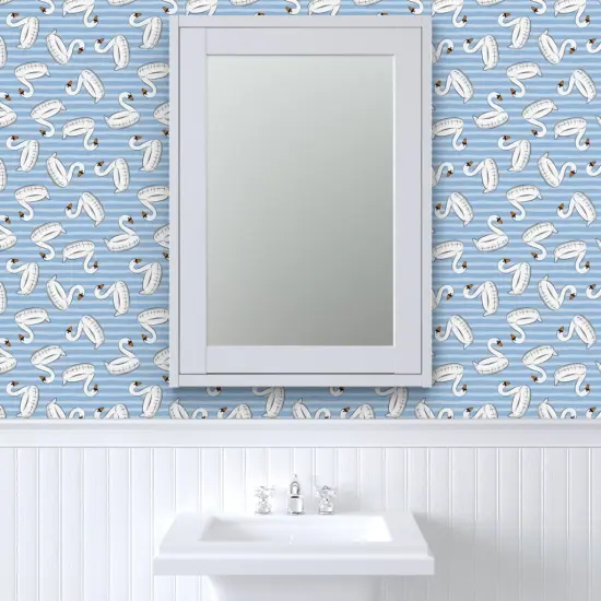 Pre-Pasted Wallpaper 2FT Wide Whimsical Summer Beach Stripes Swan Pool Fun Small Scale Coastal Ocean Blue Custom Pre-pasted Wallpaper by Spoonflower {6}