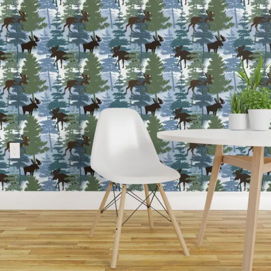Peel & Stick Wallpaper 2FT Wide Blue Woods Outdoor Green Trees Moose Wildlife. Pines Forest Winter Custom Removable Wallpaper by Spoonflower {1}