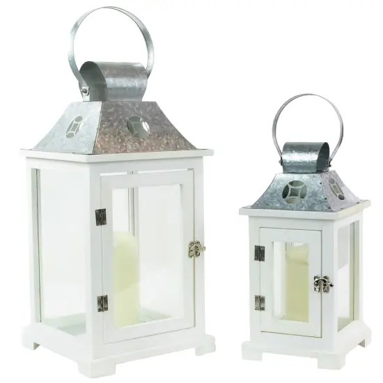 Northlight Wooden Candle Lanterns with Galvanized Metal Tops - 19.5" - White - Set of 2 {3}
