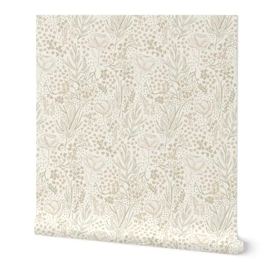 Peel & Stick Wallpaper 2FT Wide Neutral Flowers Ditsy Beige Floral Hand Drawn Line Art Custom Removable Wallpaper by Spoonflower {7}