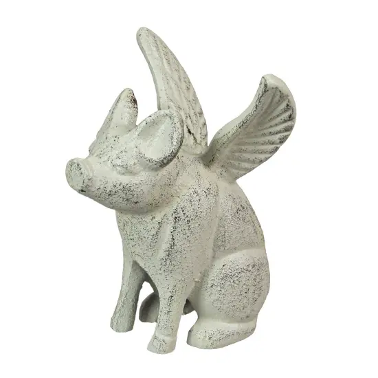 Set of 2 Cast Iron Distressed White Flying Pig Bookends Rustic Decorative Home {3}