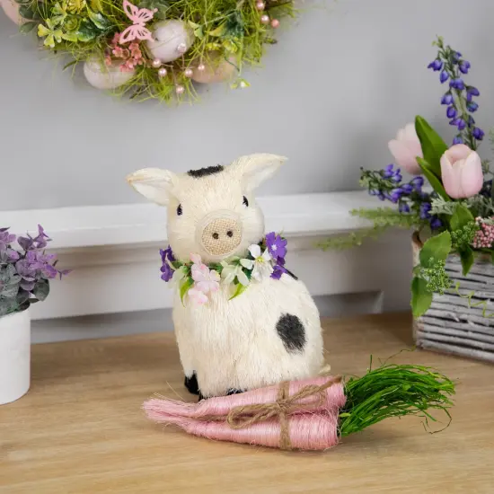 Northlight Spotted Sitting Piglet Rustic Spring Figurine - 9" - Off White and Black Ivory {4}