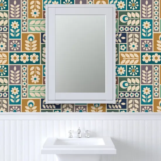 Pre-Pasted Wallpaper 2FT Wide Folk Floral Scandi Botanical Geometric Multicolor Daisy Scandinavian Blue Yellow Custom Pre-pasted Wallpaper by Spoonflower {6}