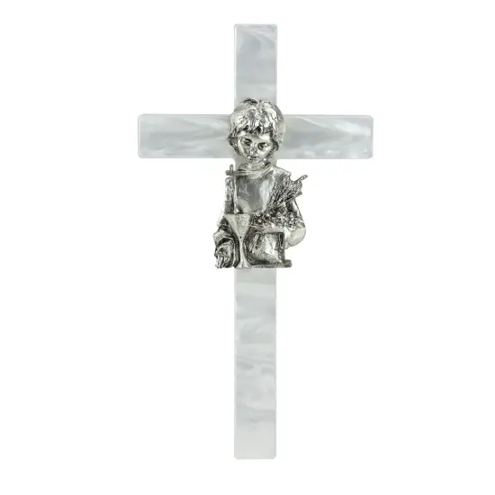 Roman Boy's Mother of Pearl First Communion Wall Cross White {1}