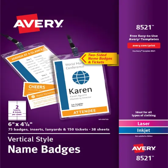 Avery Customizable Name Badges, 6" x 4.25", Printable Name Tag Inserts with Tickets, 75 Vertical Name Tag Holders with Lanyards (8521) White {1}