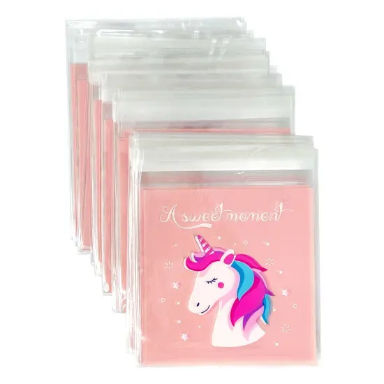Wrapables Transparent Self-Adhesive 4" x 4" Candy and Cookie Bags, Favor Treat Bags for Parties and Wedding (200pcs) Unicorns {1}
