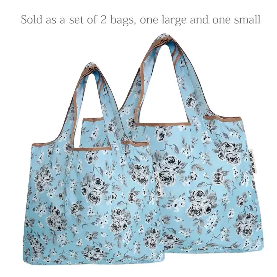 Wrapables Large & Small Foldable Tote Nylon Reusable Grocery Bags, Set of 2 Gray Floral {3}