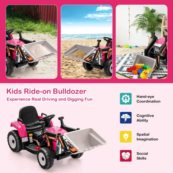 Kids Ride-On Excavator with Manual and Remote Control, LED Lights Pink {5}