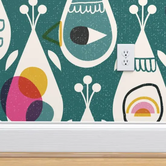 Pre-Pasted Wallpaper 2FT Wide Modern Retro Abstract Mid Century Mod Bird Feather Dark Green Custom Pre-pasted Wallpaper by Spoonflower {4}