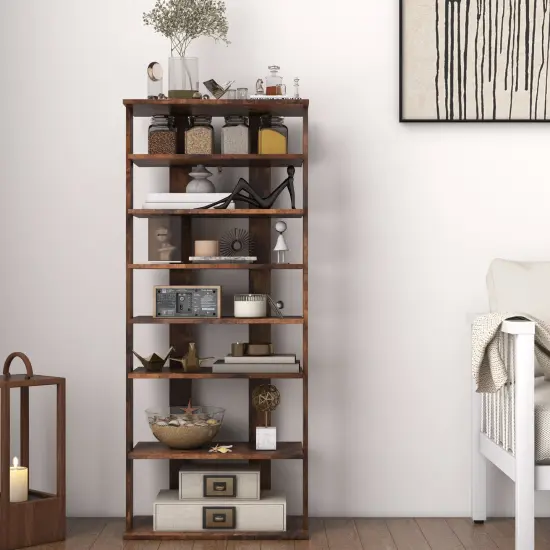 7-Tier Dual 14 Pair Shoe Rack Free Standing Concise Shelves Storage Rustic Brown {6}
