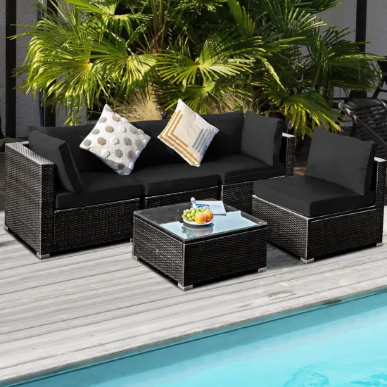 5 Pieces Cushioned Patio Rattan Furniture Set with Glass Table Black {3}