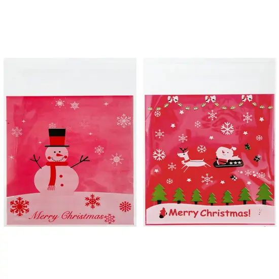 Wrapables Transparent Self-Adhesive 4" x 4" Candy and Cookie Bags, Favor Treat Bags for Christmas Parties and Holidays (200pcs) Snowman Sleigh {2}
