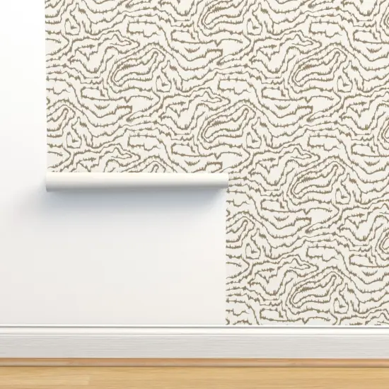 Peel & Stick Wallpaper 2FT Wide Abstract Wood Grain Brown On Cream Faux Bois Neutral Earth Tone Wavy Lines Custom Removable Wallpaper by Spoonflower {2}