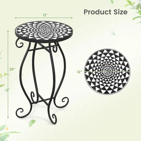 12" Round Ceramic Tile Table with Floral Mosaic Design and Metal Legs Ideal for Balcony or Deck Black & White {3}