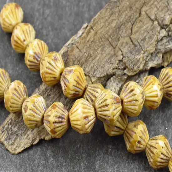 *10* 10mm Antique Ivory Picasso Central Cut Bicone Beads {2}